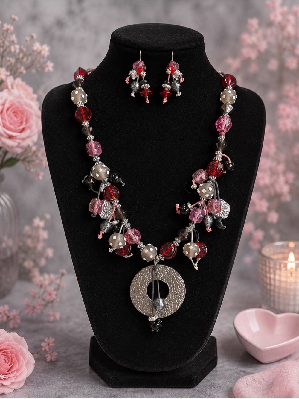 Elegant Red and Silver Beaded Necklace and earring Set